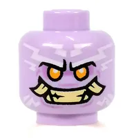 Minifig Head Poulerik / Thunder Keeper, Bright Light Orange Eyes, Tan Teeth Angry Smile, Fangs, White Lightning print