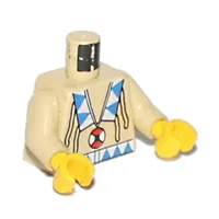 Torso Buckskin Tunic with American Indian Decorations, Blue and White Triangles, and Red and White Amulet Print, Tan Arms, Yellow Hands