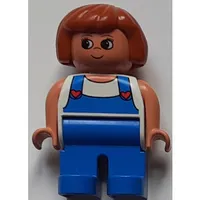 Duplo Figure, Early, Hair Bob Dark Orange, Blue Legs, White Top with Blue Overalls with Red Hearts Print