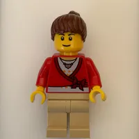 Woman - Red Sweater, Tan Legs, Reddish Brown Hair, Black Eyebrows