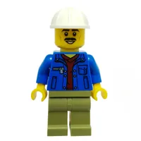Construction Worker, Blue Jacket, Olive Green Legs, White Hard Hat, Moustache