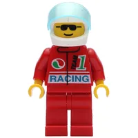Racer, Red Jacket with Octan Logo and 'RACING', Red Legs, White Helmet with Trans-Light Blue Visor, Sunglasses