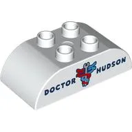 Duplo Brick 2 x 4 Curved Top with 'DOCTOR NUDSON;, Red/Blue Serpents around Wrench print