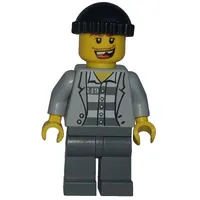 Criminal, Open Light Bluish Gray Jacket over Prison Shirt, Dark Bluish Gray Legs, Black Hat, Missing Tooth (3626b Head)