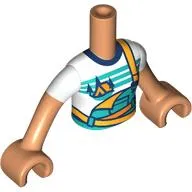 Minidoll Torso Girl with Dark Turquoise Dungarees, Orange Tent, Dark Blue Trees, Dark Turquoise Sky, Ground print, Warm Tan Arms and Hands