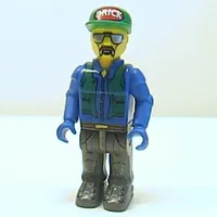 Juniors Minifig, Construction Worker - Blue Shirt, Green Vest, Cap with 'Brick', Sunglasses and Moustache