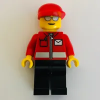 Postal Worker, Red Jacket with Zipper and Letter Logo, Black Legs, Red Cap, Silver Sunglasses