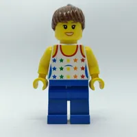 Woman, White Vest with Stars, Blue Legs, Reddish Brown Hair