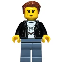 Man, Black Leather Jacket, Sand Blue Legs, Reddish Brown Hair