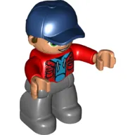 Duplo Figure with Cap Dark Blue, with Red Jacket over Shirt - Dark Bluish Gray Legs