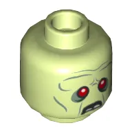 Minifig Head Zombie (Zeke), Red Eyes, Frowning, Broken Teeth, Stitching and 2 Buttons on Back Print [Hollow Stud]