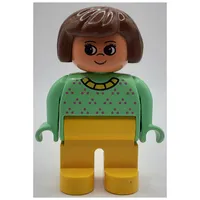 Duplo Figure, Early, Hair Bob Brown, Yellow Legs, Dark Pink Dots and Yellow Collar Print