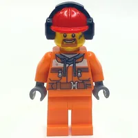 Construction Worker, Safety Jacket over Hoodie with Belt, Orange Legs, Red Hard Hat with Ear Defenders, Goatee Beard