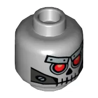Minifig Head Robo Skeleton, Skull with Red Eyes, Metal Eyebrows with Rivets and Metal Jaw with Screws Print [Hollow Stud]