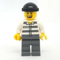 Criminal, Prison Shirt with #50380, Dark Bluish Gray Legs, Black Hat, Missing Tooth