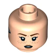 Minifig Head Aloy, Reddish Brown Eyebrows, Nougat Freckles and Lips, Silver Triangle on Sides, Closed Mouth / Open Mouth Print