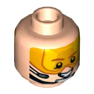 Minifig Head, Orange Visor, Brown Eyebrows, Chin Strap, Headset, Smiling / Scared Print