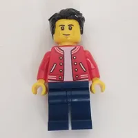 Man, Red Letterman Jacket, Dark Blue Legs