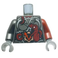 Torso, Odd Arms, Armor, Red Snake and Clock Print, Left Dark Red Arm, Right Pearl Titanium Arm, Dark Bluish Grey Hands