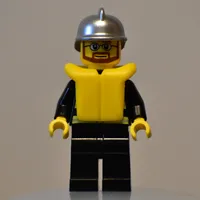 Fireman, Black Fire Jacket with Reflective Stripes, Radio, and Badge, Silver Helmet, Yellow Life Vest 2610, Beard and Glasses