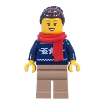 Dark Blue Sweater, Dark Tan Legs, Dark Brown Hair, Red Scarf