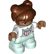 Duplo Figure Child with Two Buns on Top and Long Bangs Reddish Brown, with Light Aqua Legs, Pink and White Strips In Heart on Shirt Print