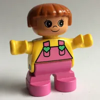 Duplo Figure, Early Child, with Straight Hair Fabuland Brown, Dark Pink Legs, Dark Pink Overalls with Medium Green Hearts on Straps Print