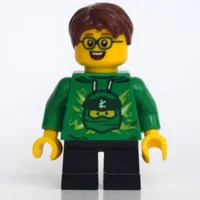 Boy, Green Ninjago Hoodie, Short Black Legs, Reddish Brown Hair, Glasses