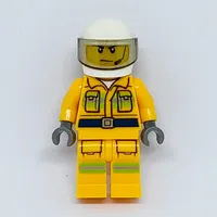 Fireman, Bright Light Orange Fire Suit, White Helmet with Visor, Headset