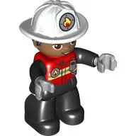 Duplo Figure with Helmet, Black Legs, Jacket with Bright Light Yellow Safety Stripes, Fire Badge, and Radio Print (Firefighter)