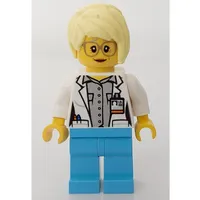 Doctor, Woman, Open White Jacket over Light Bluish Gray Shirt with Pockets and ID Badge, Bright Light Yellow Hair, Glasses