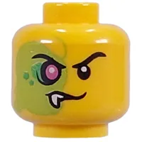 Minifig Head Mutant Blacktron, Black Eyebrows, Right Side Lime, Dark Green Sports, Purple Eye, Fang