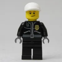 Policeman, Black Jacket with Zipper, Radio, Badge, and 'POLICE' on Back, White Cap (3626b Head)