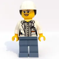 Volcano Explorer Scientist, Woman, Open White Lab Coat, Sand Blue Legs, White Hard Hat with Hair