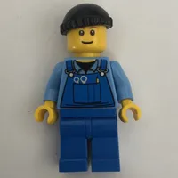 Man, Blue Overalls over Shirt, Blue Legs, Black Hat, Reddish Brown Eyebrows