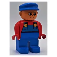 Duplo Figure, Early, with Flat Cap Blue, Blue Legs, Blue Overalls, Turned Up Nose Print