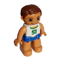 Duplo Figure with Parted Wavy Hair Reddish Brown, Blue Swim Trunks, White Top with '51' Print