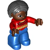 Duplo Figure Bob / Pageboy Hair Black, with Red Sweater with Diamond Print, Reddish Brown Face and Hands - Blue Legs