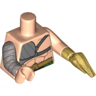 Torso Bare Chest, Silver Pauldron with Dark Bluish Gray Straps, Pearl Gold Belt with Aquaman 'A' Buckle Print, Light Nougat Left Arm, Flat Silver Right Arm with Armor Print, Pearl Gold Left Harpoon, Light Nougat Right Hand