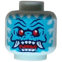 Minifig Head Spectral Dragonian Warrior, Medium Azure Face, Dark Blue Lines, Red Eyes, White Fangs, Red Mouth, Medium Azure/Red Shapes in Back
