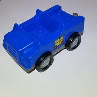 Duplo Car with 2 x 2 Studs and Dark Gray Base and Yellow Package on Wheels Print