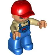 Duplo Figure with Cap Red, with Tan Top under Blue Coveralls with Red Pocket Flap - Blue Legs
