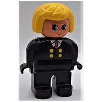 Duplo Figure, Early, Hair Bob Yellow, Black Legs, Four Yellow Buttons and Red Tie Print