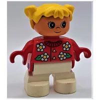 Duplo Figure, Early Child, with Pigtails Yellow, White Legs, White and Yellow Flowers Print