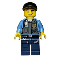 Policeman, Vest with Badge, Pockets, and Radio, Black Cap