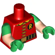 Torso, Dual Molded Arms, 'R' Symbol, 5 Yellow Clasps and Collar, Black and Gold Belt Print (60's Robin), Green Sleeves Pattern, Light Nougat Arms, Green Hands