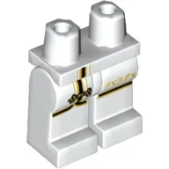 Hips and White Legs with Robe Tails with Black and Gold Trim Print, Gold Clasp on Right Leg and Asian Characters on Left Leg