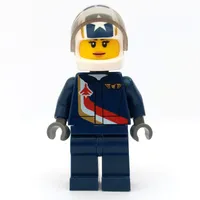 Pilot, Woman, Dark Blue Jumpsuit with Plane and Wings Badge, White Helmet with Stars and Visor