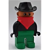 Duplo Figure, Early, Cowboy Hat Black, Green Legs, Red Bandana