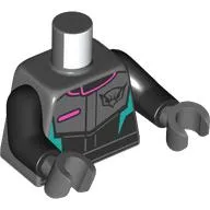Torso, Dark Bluish Grey Racing Suit, Coral Trim, Dark Turquoise Lightning Bolts print, Black Arms, Dark Bluish Gray Hands
